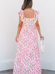 Maxi Dress rosa a scollo quadrato con spalline e volant con stampa floreale rosa - Miniatuur
