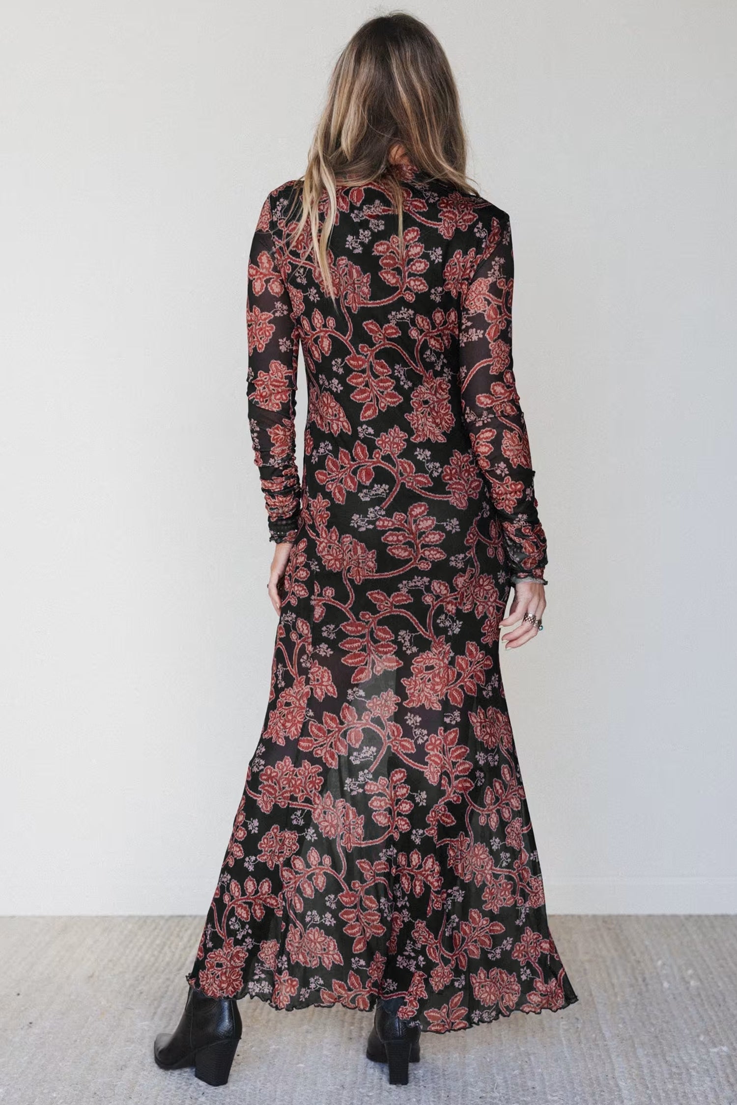 Black Retro Floral Print Long Sleeve Casual Mesh Dress - Women's Fashion Image 4