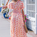 Pink Polka Dot Printed Ruffle Short Sleeve Zip Up Long Dress - Foto 2