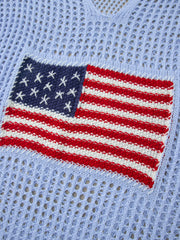 Beau Blue Hollow Out Uncinetto, maglione a maglia con la bandiera americana rattoppato - Damesmode Afbeelding 6 - Miniatuur