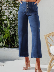 Jeans tagliati a vita alta a vita alta e gamba larga tagliati a vela blu - Miniatuur