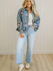 Sky Blue Floral Print Raw Seam Ruffle Hem Denim Jacket - Miniatuur