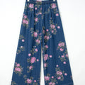 Blue Retro Floral Print Tie Elastic Waist Button Pintuck Wide Leg Jeans - Damesmode Afbeelding 4 - Foto 4