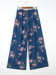 Blue Retro Floral Print Tie Elastic Waist Button Pintuck Wide Leg Jeans - Women's Fashion Image 4 - Miniatuur