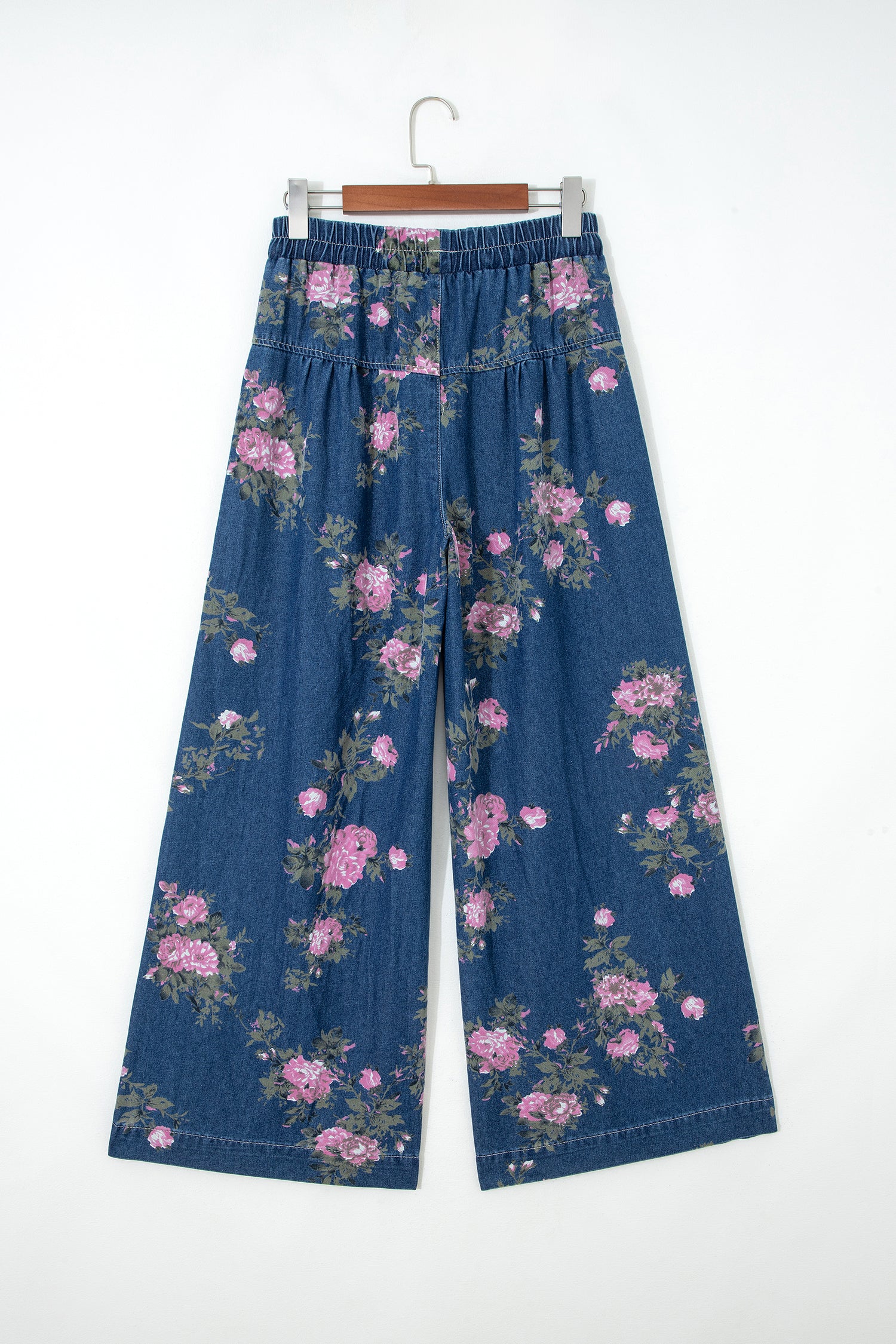Blue Retro Floral Print Tie Elastic Waist Button Pintuck Wide Leg Jeans - Damesmode Afbeelding 4