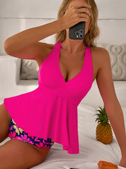 Ensemble tankini rose à bas floral à ourlet à volants - Miniatuur