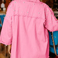 Bonbon Pearl Beaded Raw Hem Button Up Denim Jacket - Damesmode Afbeelding 2 - Foto 2