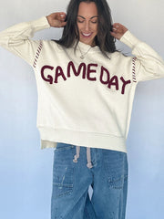 Beige Drop Shoulder Game Day Letter Print Pullover Sweater - Damesmode Afbeelding 7 - Miniatuur