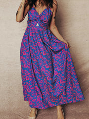 Maxi robe maskini dorsée à dos torsadé à motif floral bleu à col en V noué - Damesmode Afbeelding 5 - Miniatuur