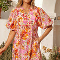 Pink Striped Floral Print Tie Neck Puff Sleeve Loose Mini Dress - Foto 6