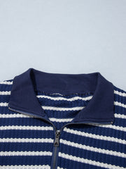Blauw Stripe Textured Gebreid Half Zip Collared met Lange Mouwen Top - Miniatuur