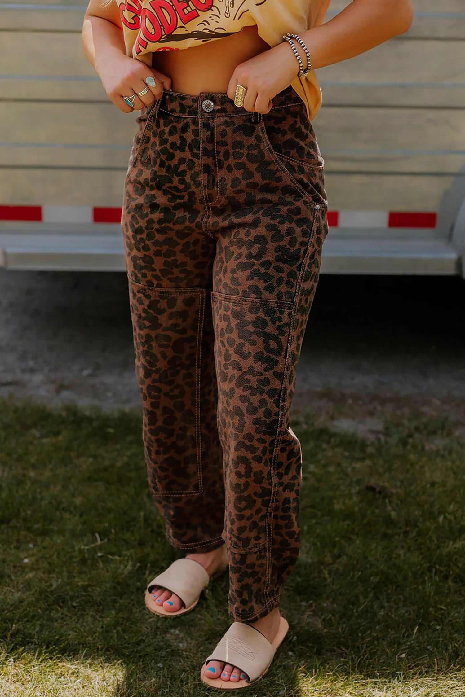 Brown Clear Seam Detail Patchwork Leopard Print Barrel Jeans - Damesmode Afbeelding 3