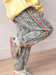 Brown Leopard Print Rainbow Striped Detail Buttoned Loose Jogger Jeans - Damesmode Afbeelding 4 - Miniatuur