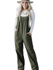 Jungle Green Button Adjustable Straps Solid Color Corduroy Jumpsuit - Miniatuur
