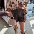 Brown Floral Print Button Down Poet Sleeve Shirt - Damesmode Afbeelding 4 - Foto 4
