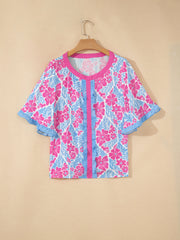 Rose Floral Print Ruffled Color Block Trim Half Sleeve Blouse - Miniatuur