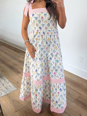 Maxikleid mit mehrfarbigem Blumenmuster und gestreiftem Knotenträger - Miniatuur