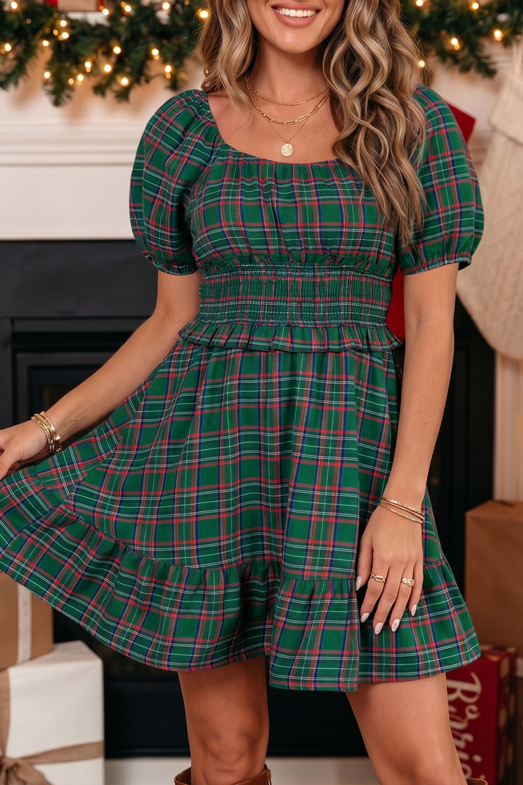 Grün kariertes U-Ausschnitt-Minikleid mit kurzen Ärmeln - Damesmode
