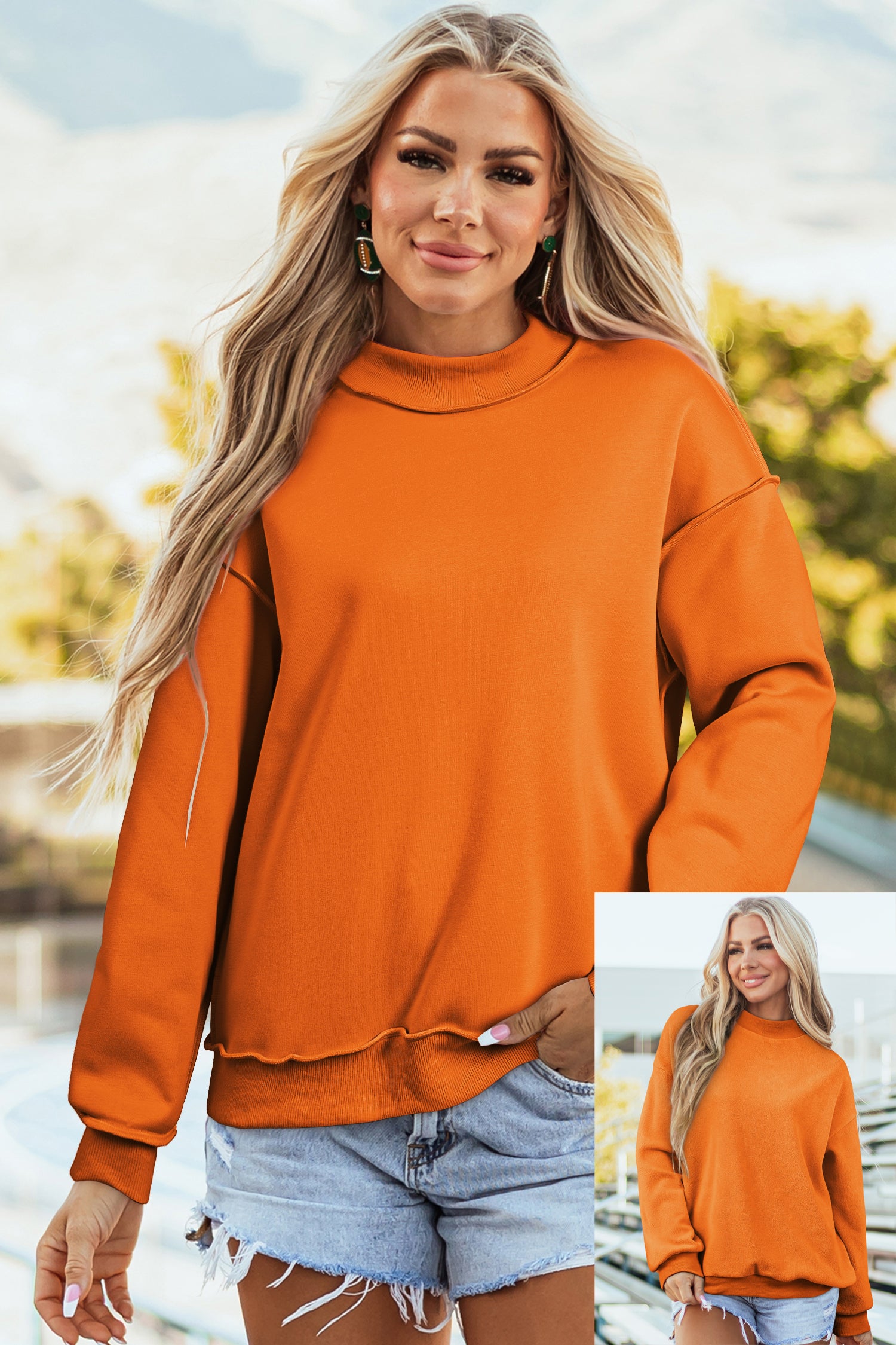 Sweat-shirt bleu foncé oversize, épaule tombante et réversible, col montant,