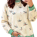 Beige Duck Print Striped Trim Cuffs Round Neck Casual Sweatshirt - Damesmode Afbeelding 3 - Foto 3