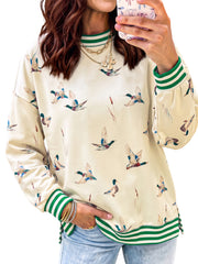 Beige Duck Print Striped Trim Cuffs Round Neck Casual Sweatshirt - Damesmode Afbeelding 3 - Miniatuur
