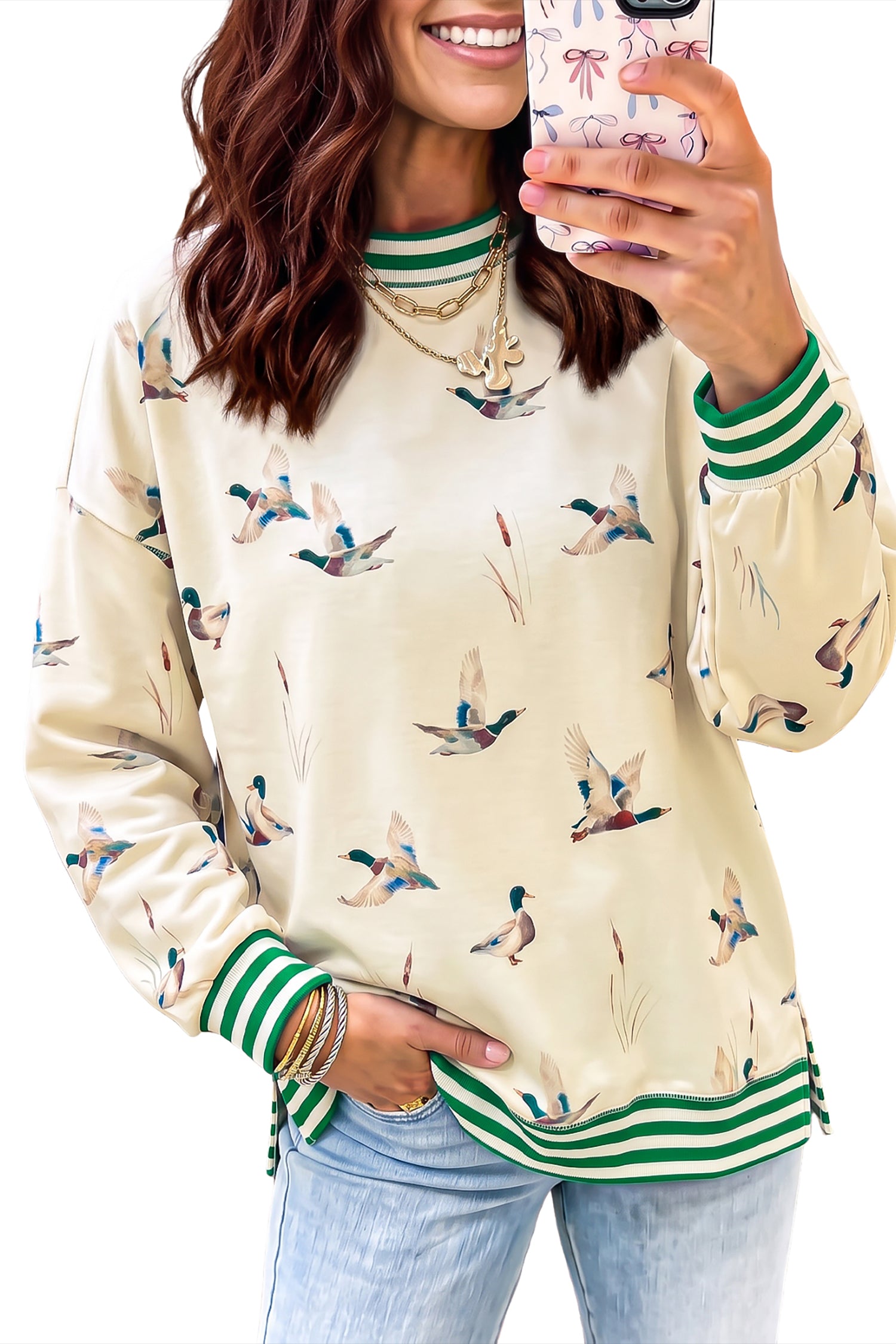 Beige Duck Print Striped Trim Cuffs Round Neck Casual Sweatshirt - Damesmode Afbeelding 3