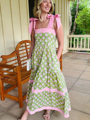 Vestido Maxi de tirantes nudos con estampado floral verde con detalles de nudo - Miniatuur
