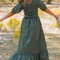 Green Plaid Square Neck Shirred High Waist Ruffle Hem Dress - Foto 4