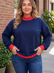 Dirty blue Polka Dot Patchwork Round Neck Plus Size Sweatshirt - Miniatuur