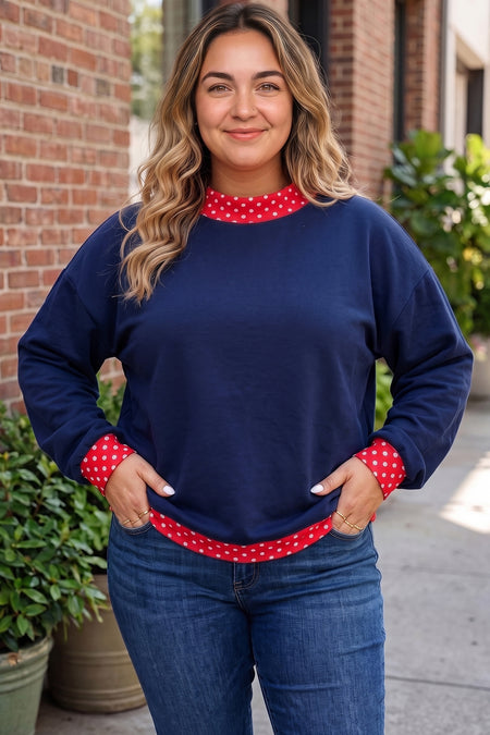 Schmutziger blauer Polka-Dot-Patchwork Rundhals-Pullover in Plus-Size-Größen - Detail