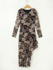 Black Floral Long Sleeve Asymmetric Ruffle Split Hem Mesh Dress - Damesmode Afbeelding 7 - Miniatuur