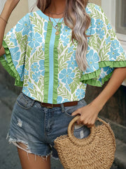 Rose Floral Print Ruffled Color Block Trim Half Sleeve Blouse - Miniatuur