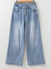 Beau Blue Multi Buttons Pinstripe Wide Leg Jeans - Dammode Bild 5 - Miniatuur
