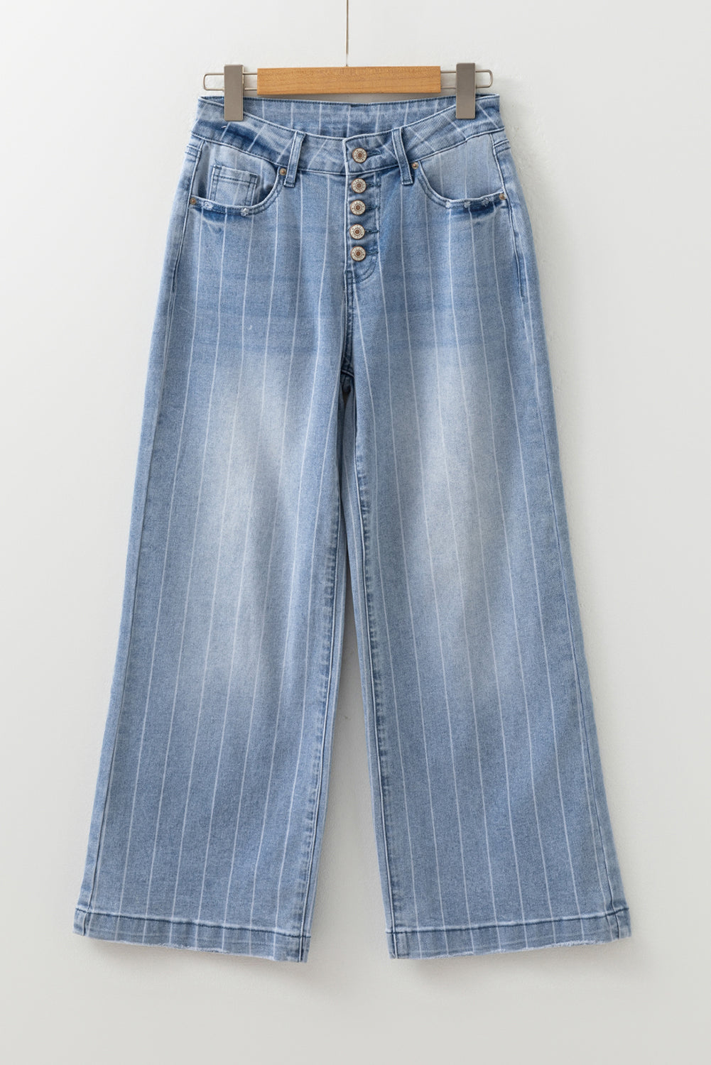 Beau Blue Multi Buttons Pinstripe Wide Leg Jeans - Damesmode Afbeelding 5