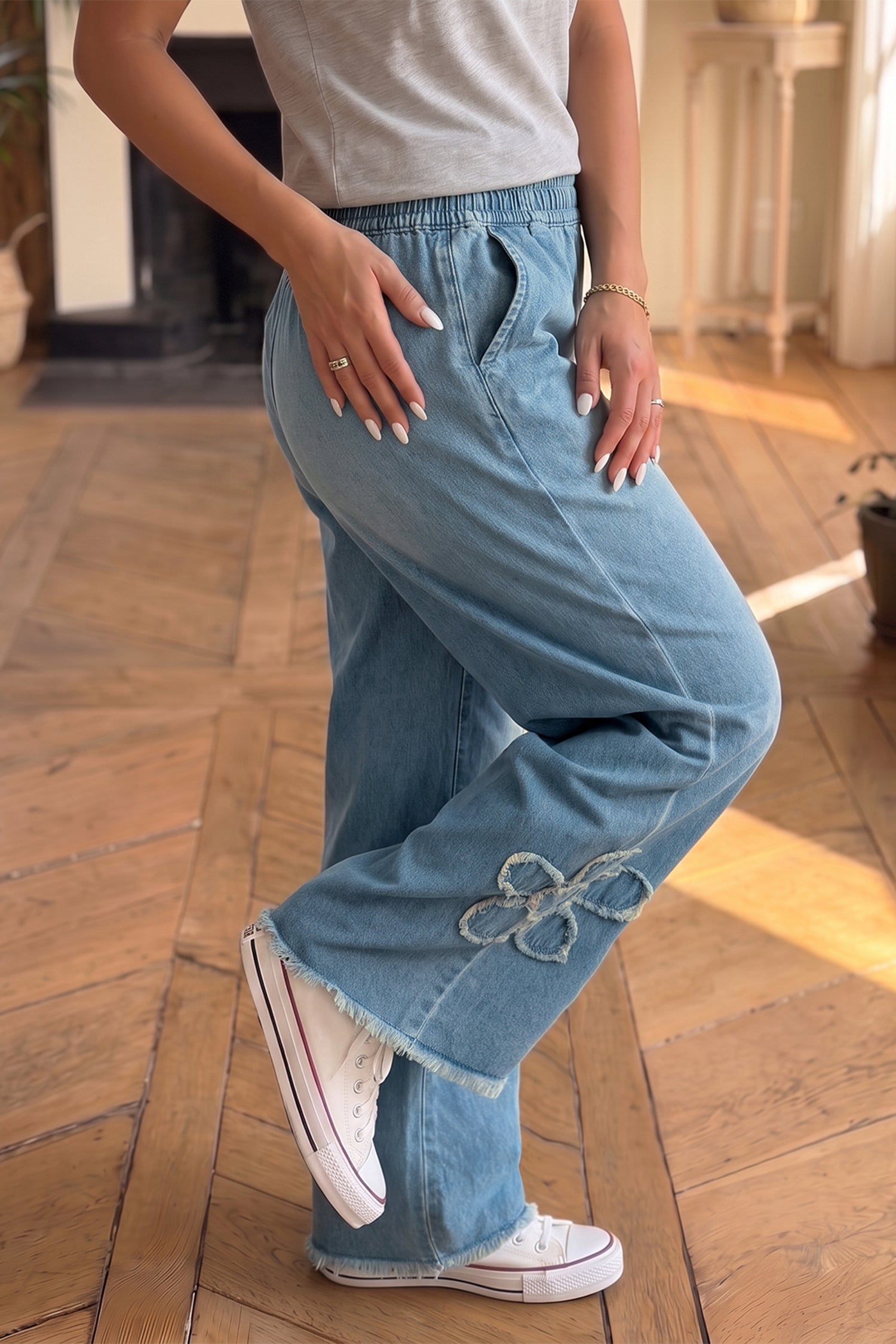 Beau Blue Frayed Floral Patch Wide Leg Raw Hem Wide Leg Jeans - Damesmode Afbeelding 4