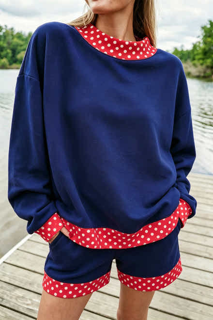 Marineblauer Polka Dot Trim Baggy Pullover 2 Stück Short Set