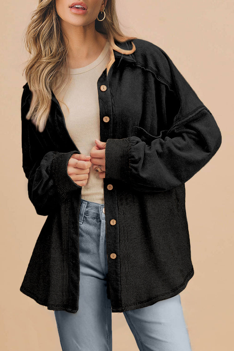 Black Waffle Knit Patchwork Exposed Seam Loose Shacket - Damesmode Afbeelding 1 - Damesmode