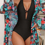 Zwart Halter Neck Monokini with Gebloemde Beach Cover Up