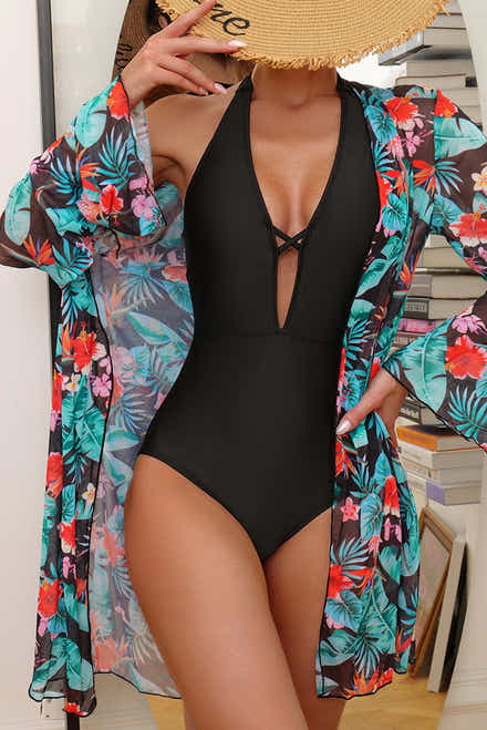 Black Halter Neck Monokini with Floral Beach Cover Up - Damesmode Afbeelding 1