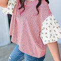 Red Stripe Floral Puff Sleeve Patchwork Round Neck Loose Top - Foto 2