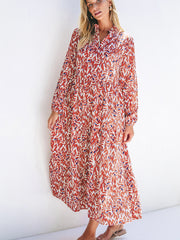 Orange Abstract Print V Neck Pleated High Waist Midi Dress - Miniatuur