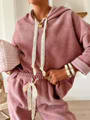 Parchment Leopard Drawstring Pullover Hoodie and High Waist Pants Corduroy Suit - Miniatuur