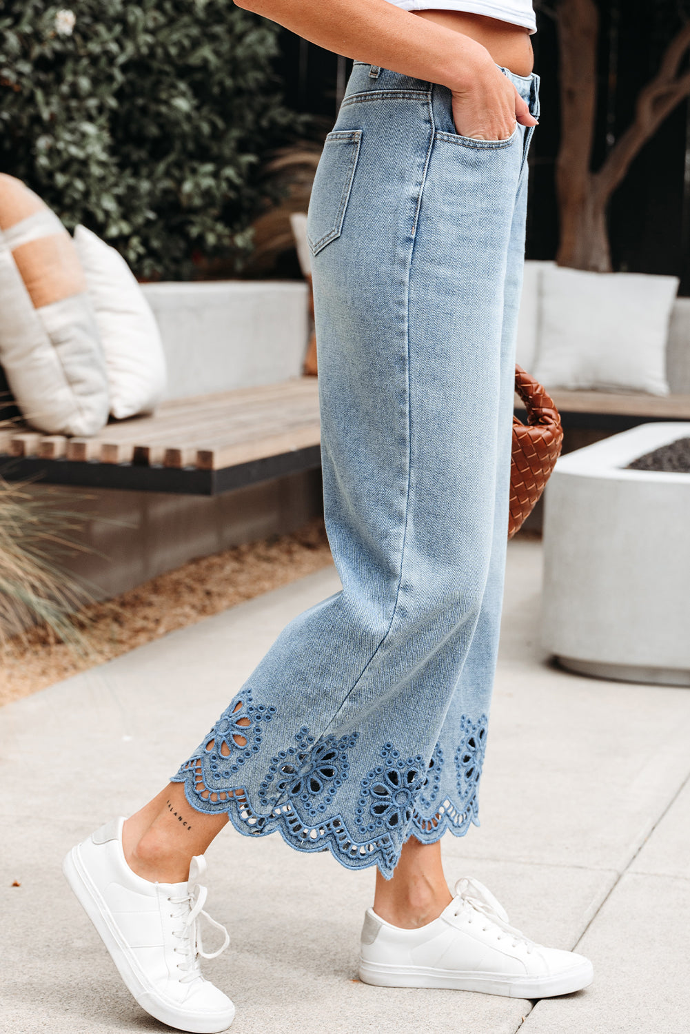 Jeans taille haute brodés à jambes larges brodés de tailles longues bleu crépuscule