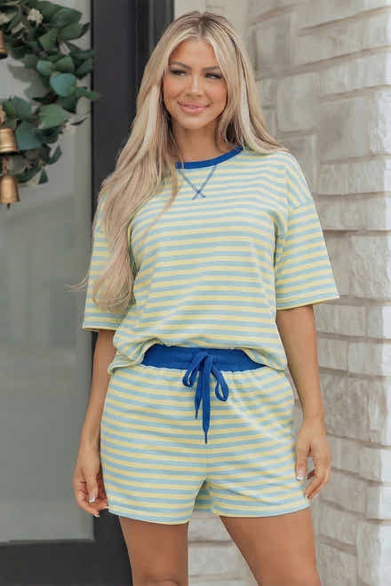 Gelber Streifen mit Drop-Shoulder kastenhaftes Casual-Terry-Short-Set