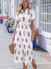 Green Floral Print Split Neck Shirred High Waist Ruffle Hem Maxi Dress - Miniatuur