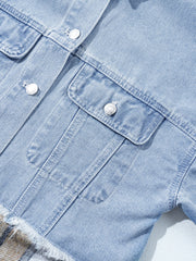 Khaki Plaid Patchwork Buttoned Oversized Denim Jacket - Miniatuur