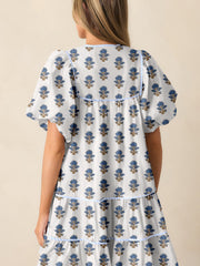 Sky Blue Floral Puff Sleeve Tied Neck Pocketed Mini Dress - Miniatuur