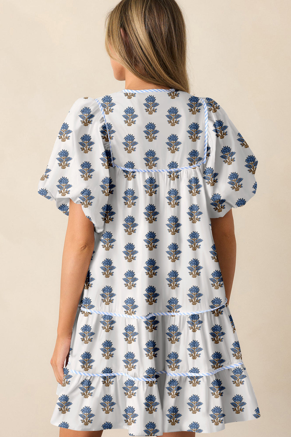 Mini robe Mini Bleu Bleu Floral Bouffante, Manche Nouée et Poches