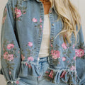 Dunkelblaue Jacke mit Blumenmuster und Rüschen-Saum - Foto 4