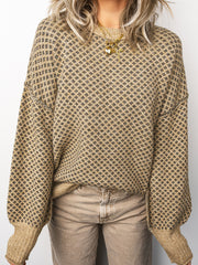 Maglione a maniche lunghe con stampa geometrica cachi, spalle a scollo rotondo e scollo a scena - Miniatuur